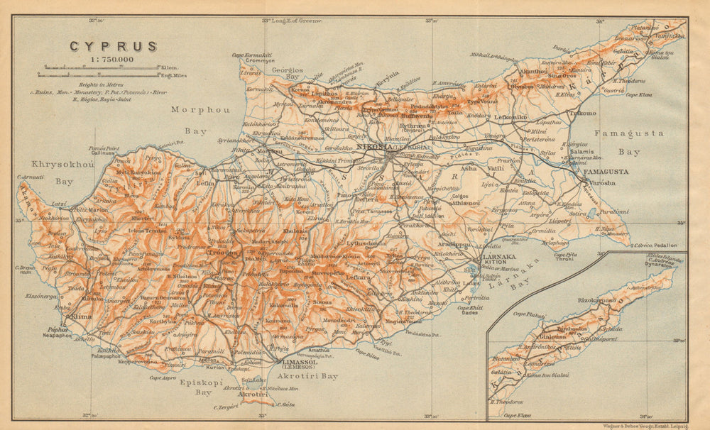 The island of Cyprus 1912 old antique vintage map plan chart