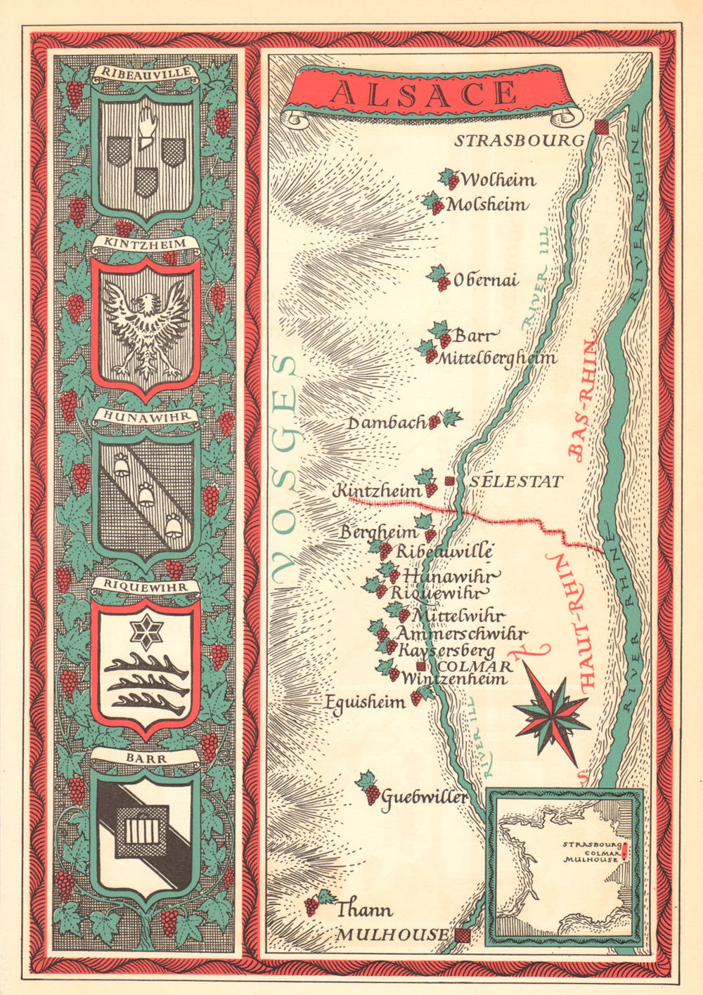 Alsace wine map. Carte vinicole. Haut Rhin. Bas Rhin 1957 old vintage