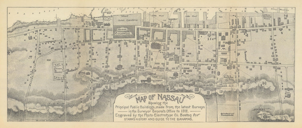 Antique town city plan of NASSAU, BAHAMAS by Stark. Hand-coloured 1912 old map