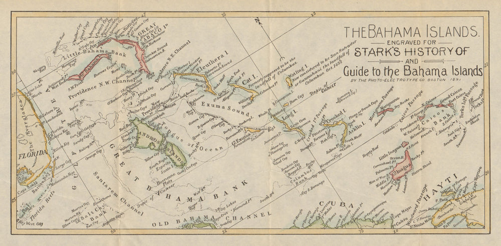 Bahamas & Turks and Caicos Islands antique map by Stark. Hand-coloured 1891