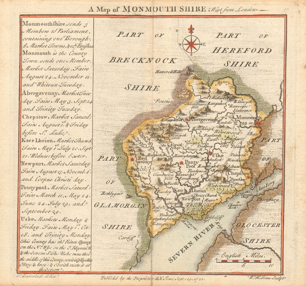Antique county map of Monmouthshire by Badeslade & Toms. Coloured 1745 old