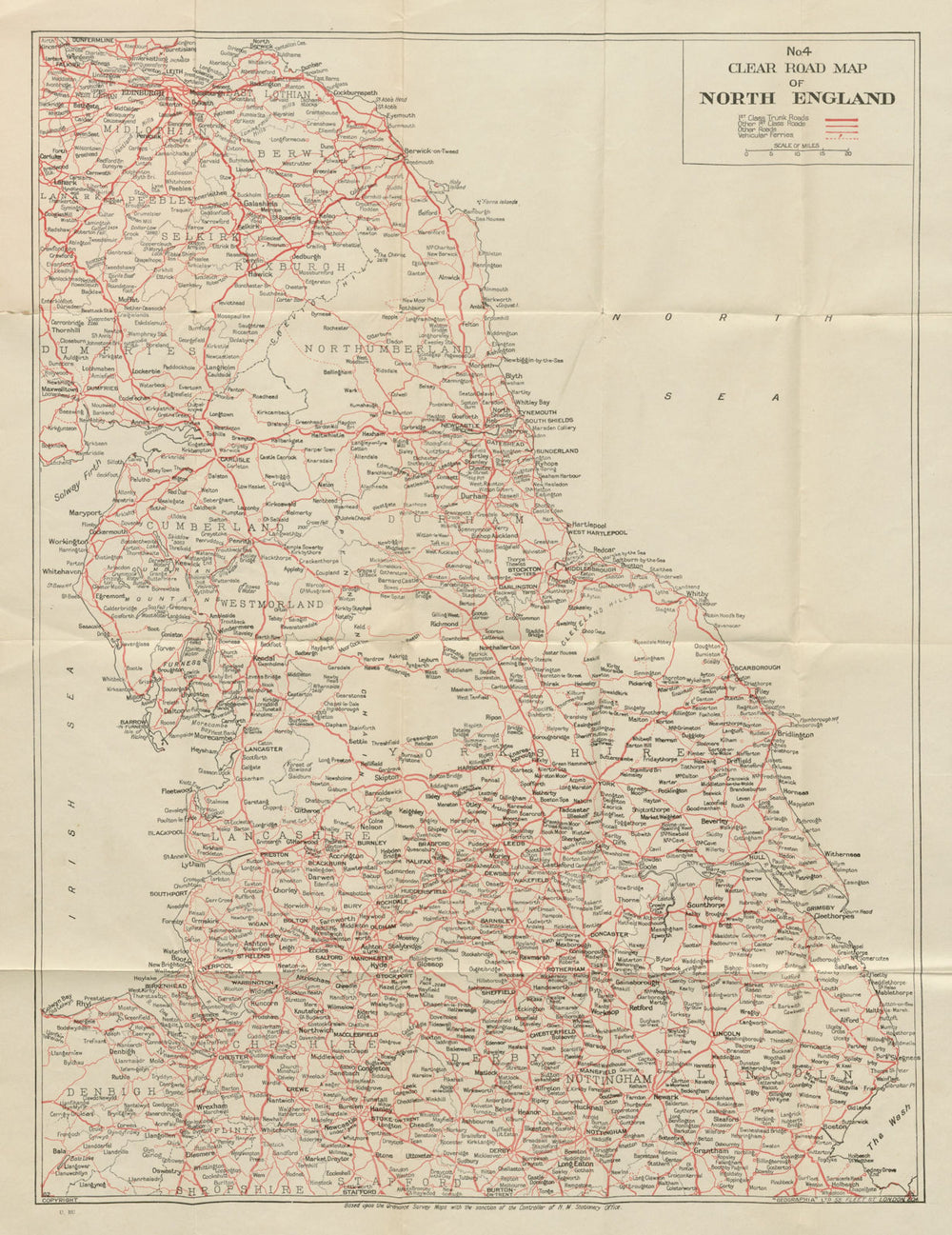 No.4 Clear Road Map of Northern England. GEOGRAPHIA c1935 old vintage