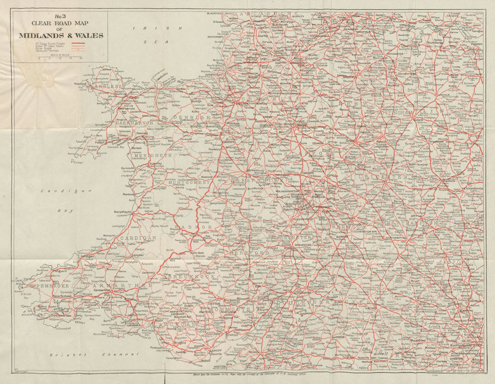 No.3 Clear Road Map of Midlands & Wales. GEOGRAPHIA c1935 old vintage
