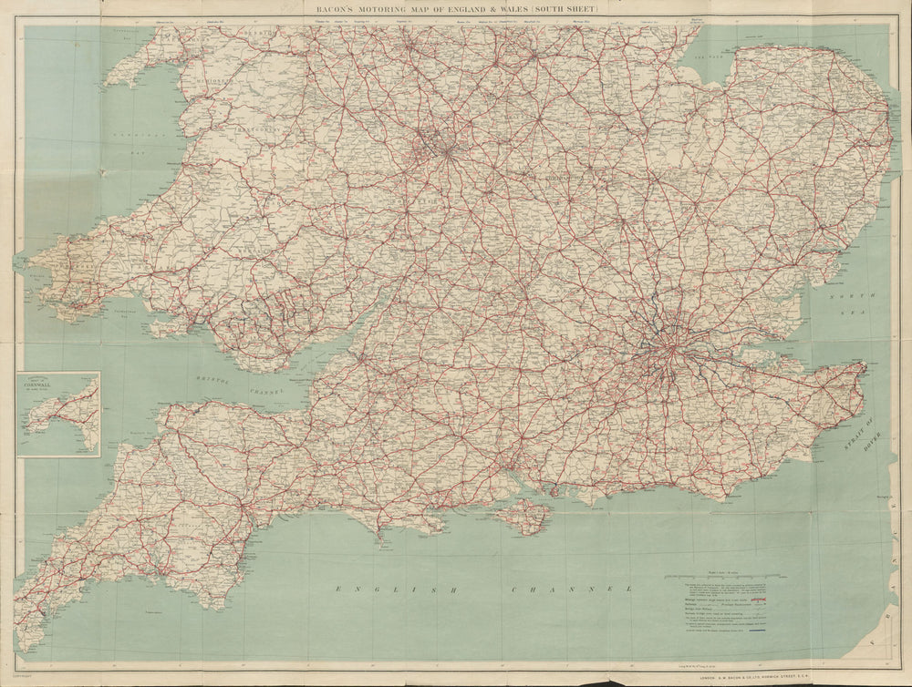 Bacon's Motoring Map of England & Wales (South Sheet). New bypasses c1929
