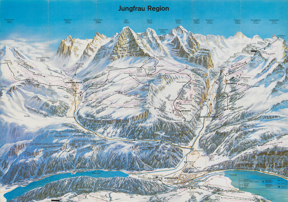 Vintage Jungfrau Region ski lift piste map. Mürren Interlaken Wengen c1975