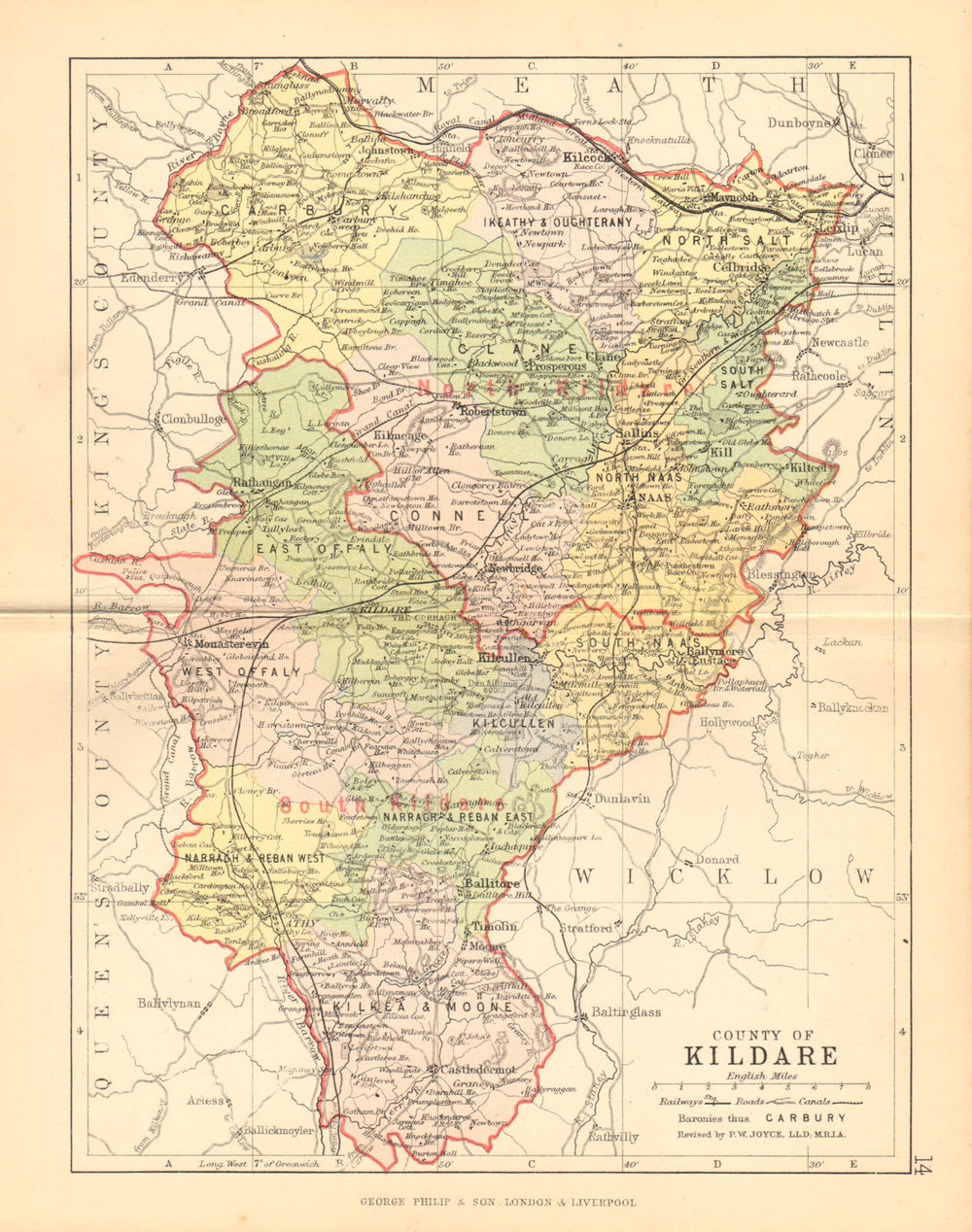 COUNTY KILDARE. Antique county map. Leinster. Ireland. BARTHOLOMEW 1886