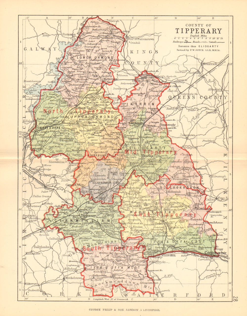 COUNTY TIPPERARY. Antique county map. Munster. Ireland. BARTHOLOMEW 1886