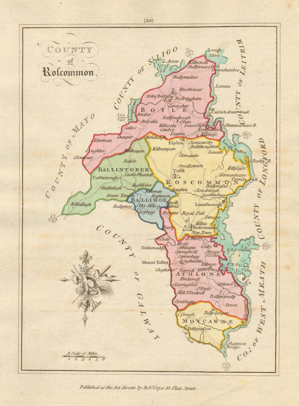 County of Roscommon, Connaught. Antique copperplate map. Scalé / Sayer 1788