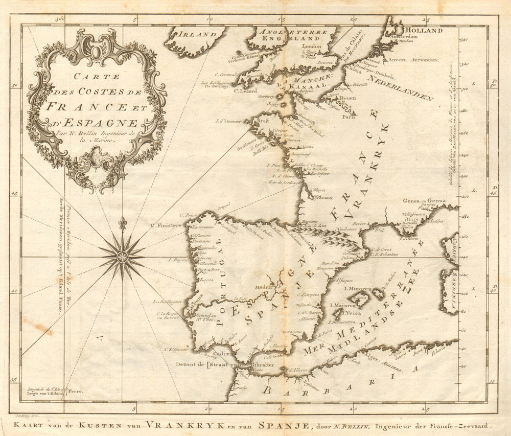 Carte des Côtes de France & d’Espagne. France Spain coast BELLIN/SCHLEY 1747 map