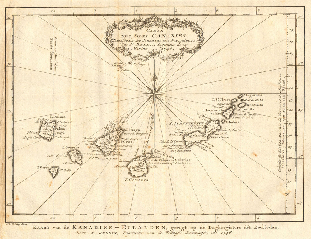 'Carte des Isles Canaries'. Canary Islands, Spain. BELLIN/SCHLEY 1747 old map