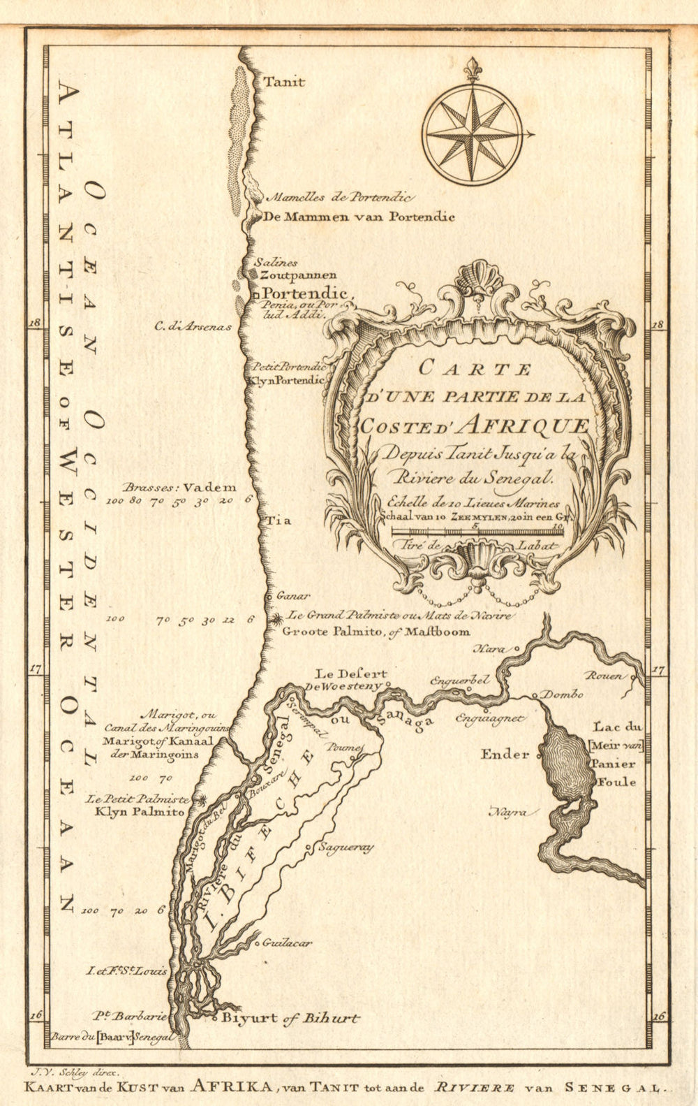 'Partie de la Coste d'Afrique'. Southern Mauritania BELLIN/SCHLEY 1747 old map