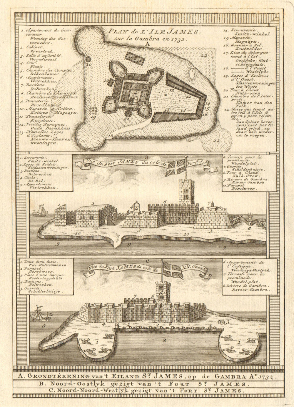Fort James, Kunta Kinteh Island, Gambia River. Gambra. BELLIN/SCHLEY 1747 map