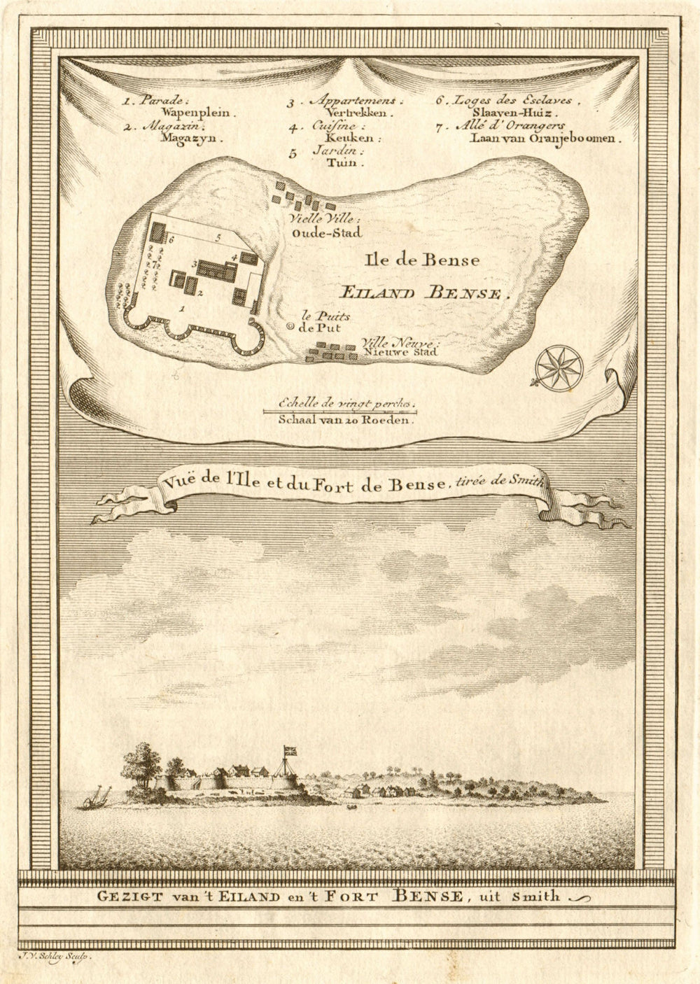 'Vue de I’Isle & du Fort de Bense'. Bunce, Sierra Leone. BELLIN/SCHLEY 1747 map