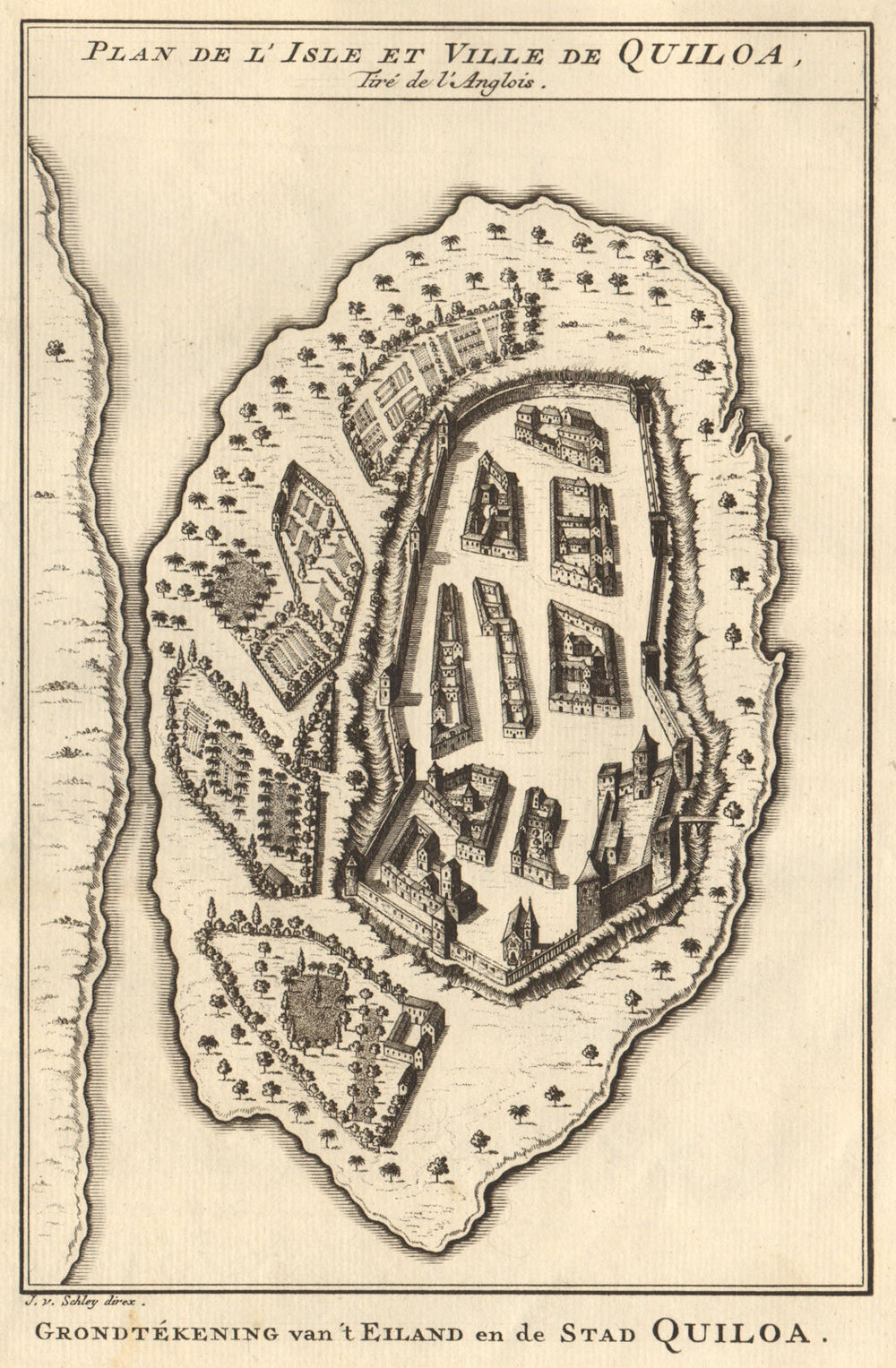 'I'Isle et Ville de Quilloa'. Kilwa island, Tanzania. BELLIN/SCHLEY 1748 map