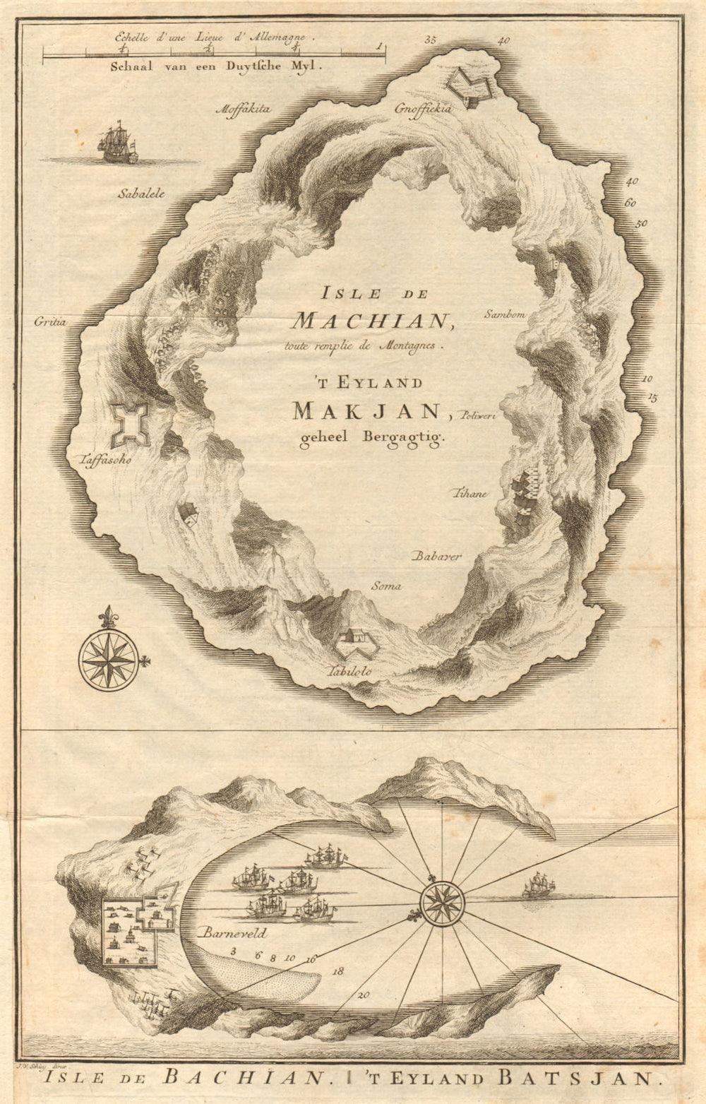 'Isles de Machian & de Bachian'. Makian & Bacan, Maluku. BELLIN/SCHLEY 1755 map