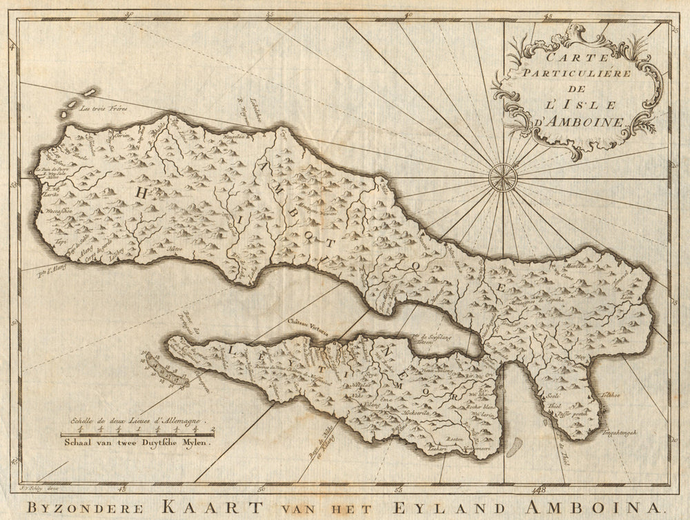'Carte particulière de I’lsle d’Amboine'. Ambon, Maluku. BELLIN/SCHLEY 1755 map