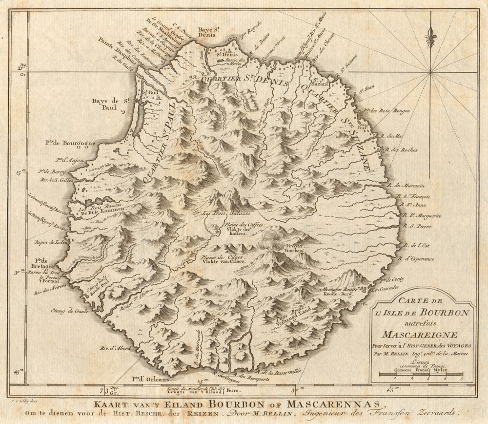 L’Isle de Bourbon, autrefois Mascareigne. Réunion island. BELLIN/SCHLEY 1755 map