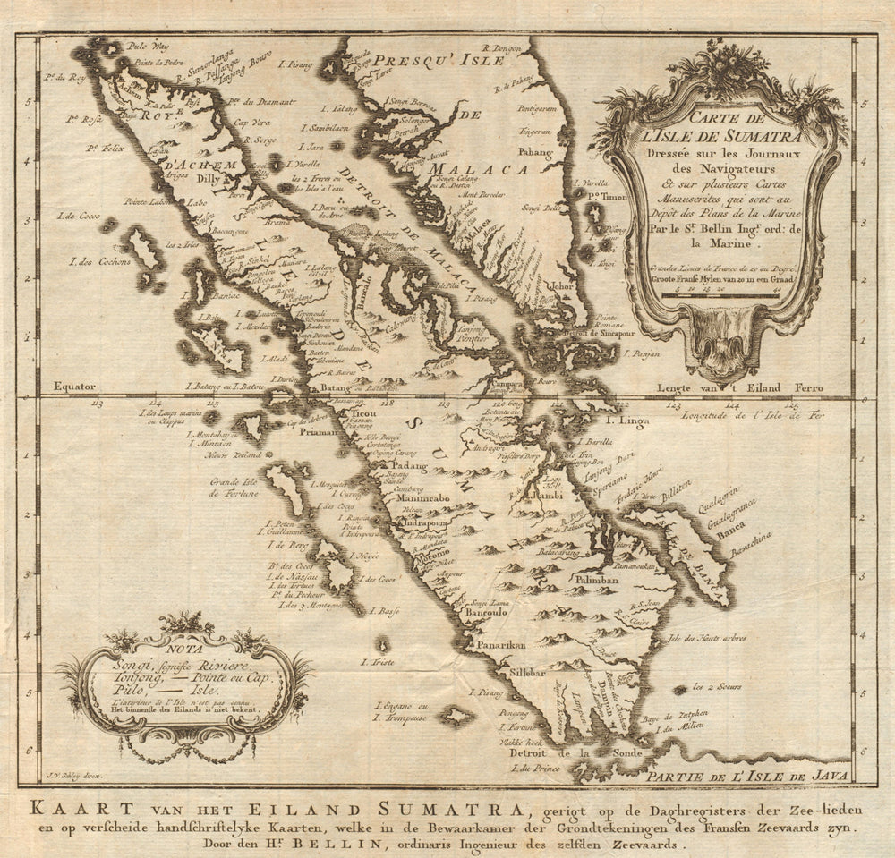 'Carte de l’lsle de Sumatra'. Malay peninsula Singapore. BELLIN/SCHLEY 1755 map