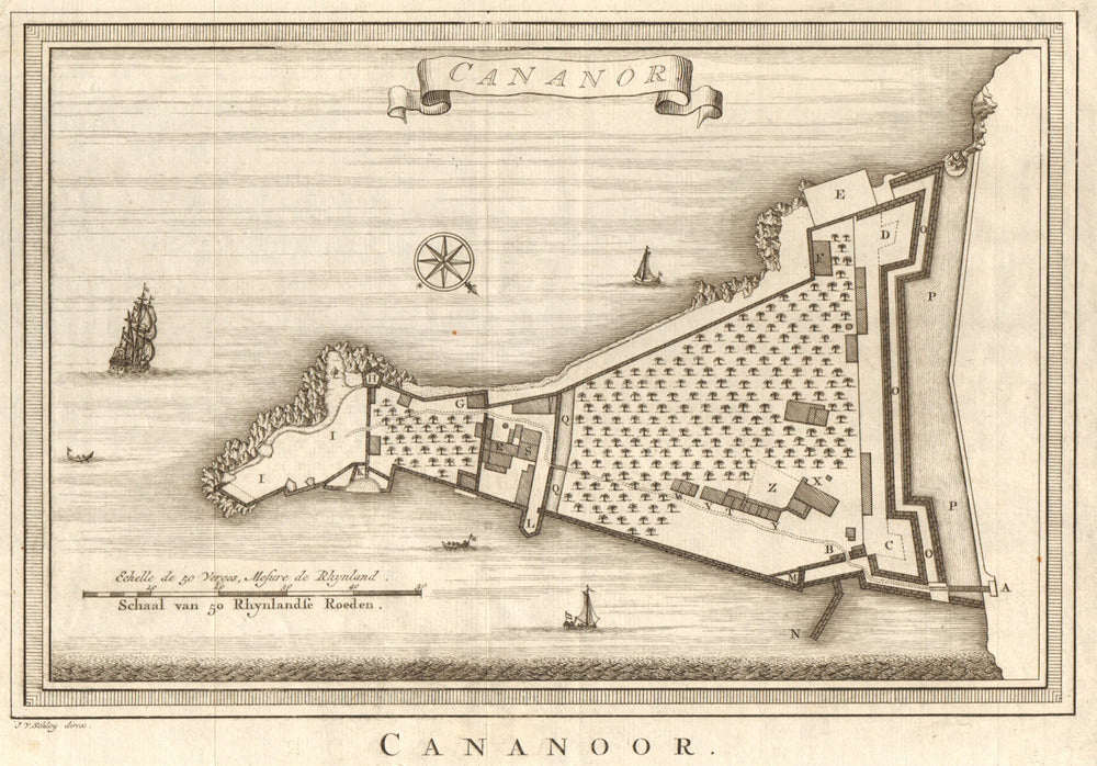 'Cananor'. India. Kannur town city plan, Kerala. BELLIN / SCHLEY 1755 old map
