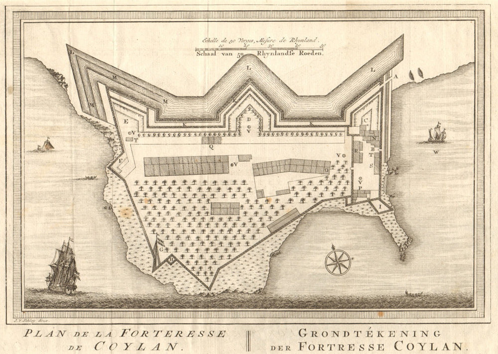 'Plan de la Forteresse de Coylan'. Kollam, Kerala. BELLIN/SCHLEY 1755 old map