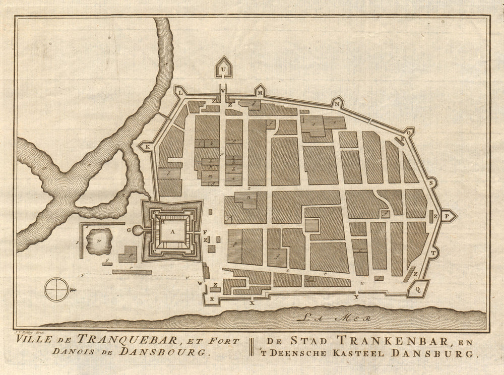 'Ville de Tranquebar &… Dansbourg'. Tharangambadi. BELLIN/SCHLEY 1756 old map