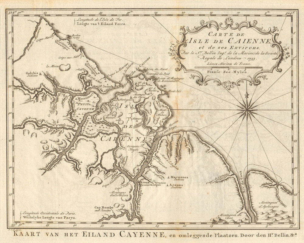 'Carte de I’Isle de Caienne'. Cayenne, French Guiana. BELLIN/SCHLEY 1757 map