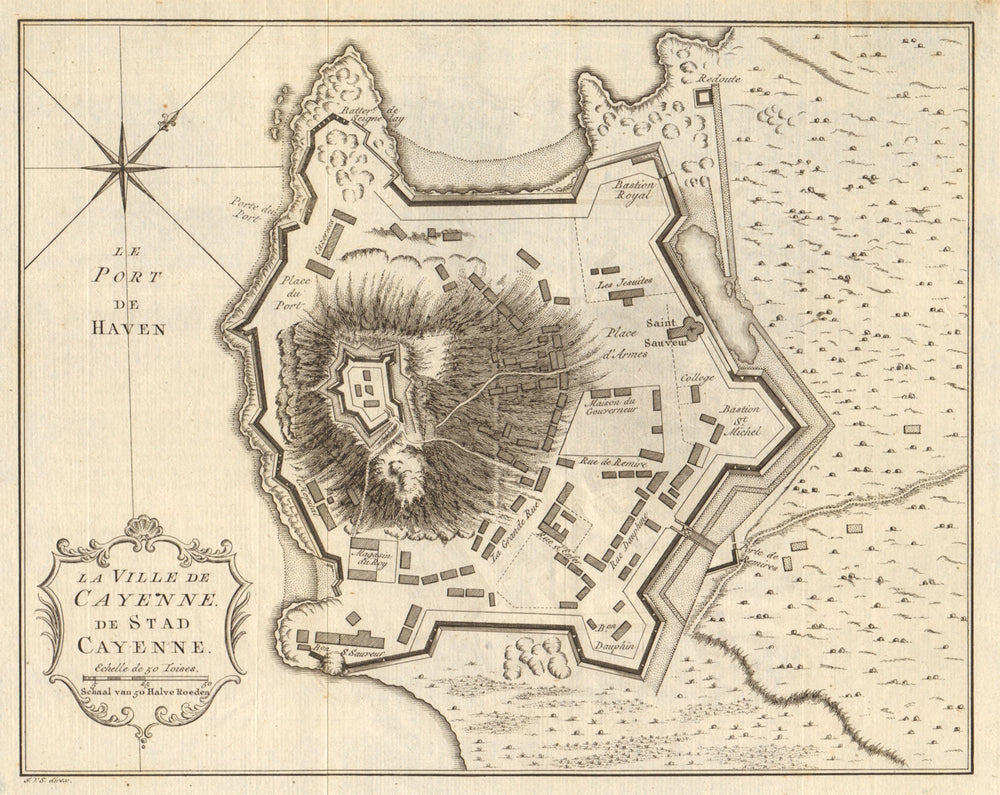 'La ville de Cayenne'. French Guiana. Town city plan. BELLIN / SCHLEY 1757 map