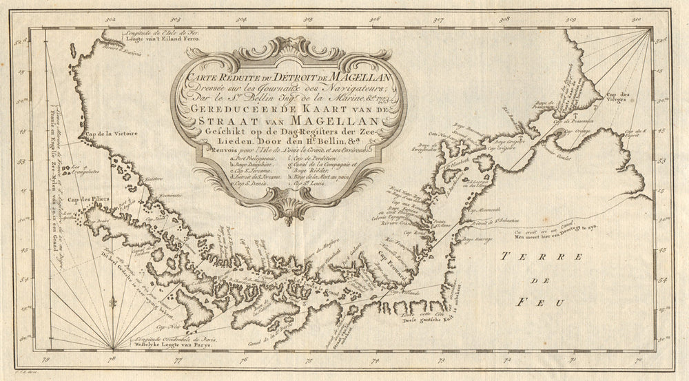 'Carte réduite du Détroit de Magellan' Strait, Chile. BELLIN/SCHLEY 1757 map