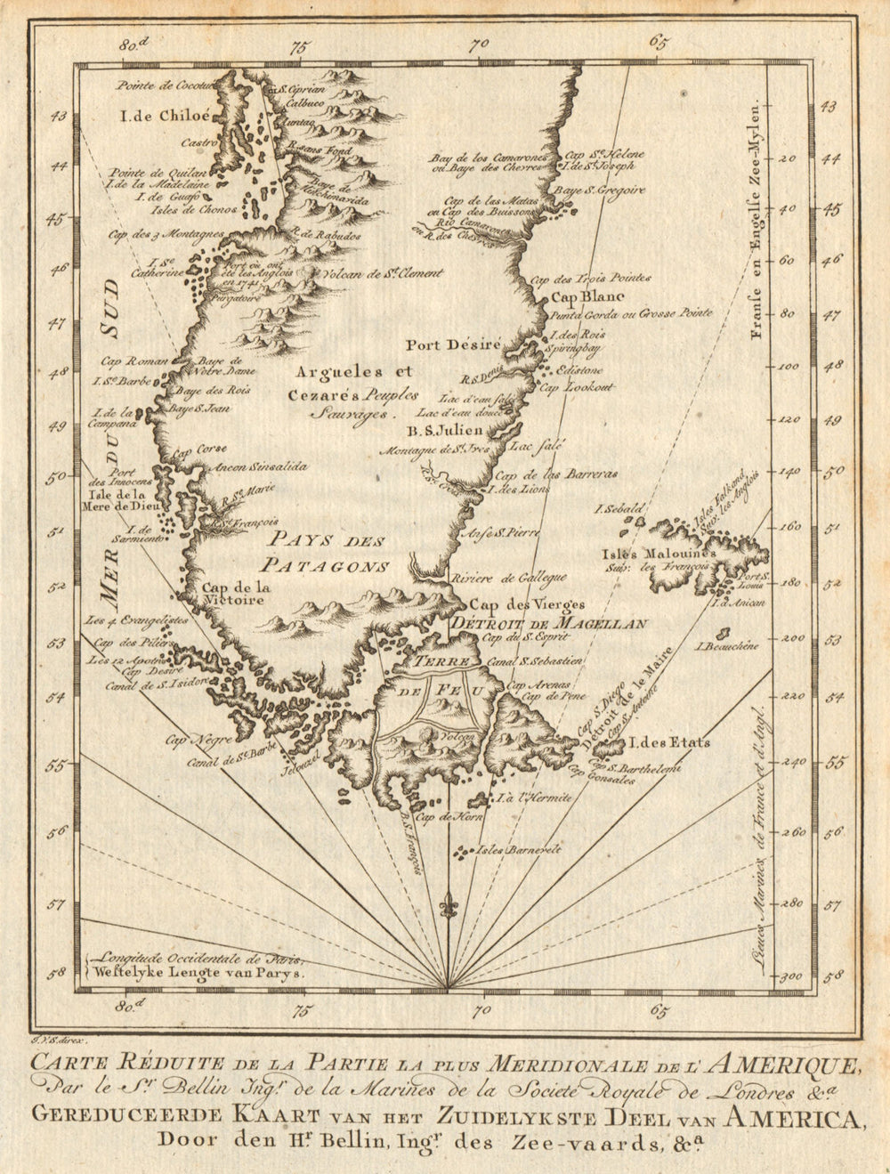 'La Partie la plus Méridionale de l’Amérique'. Patagonia. BELLIN/SCHLEY 1757 map