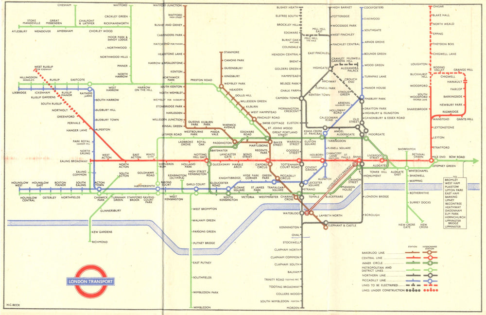 LONDON. Underground Tube map; Harry Beck 1948 old vintage plan chart