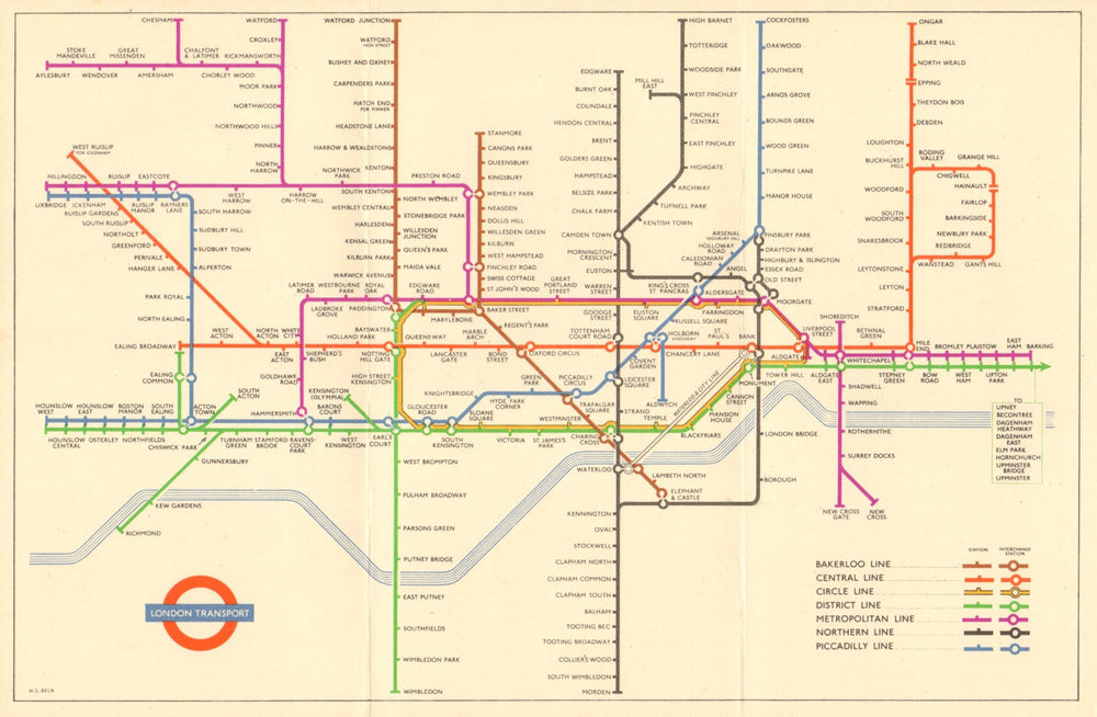 LONDON UNDERGROUND diagram of lines tube plan map. South Acton. HARRY BECK 1953
