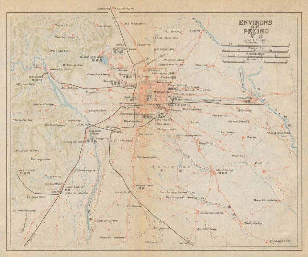 'Environs of Peking'. Beijing region antique map. China 1915 old