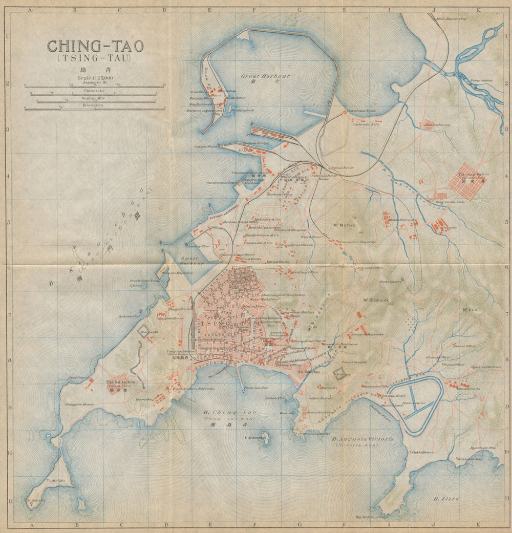 'Ching-tao (Tsing-tau)'. Qingdao antique town city plan. China 1915 old map