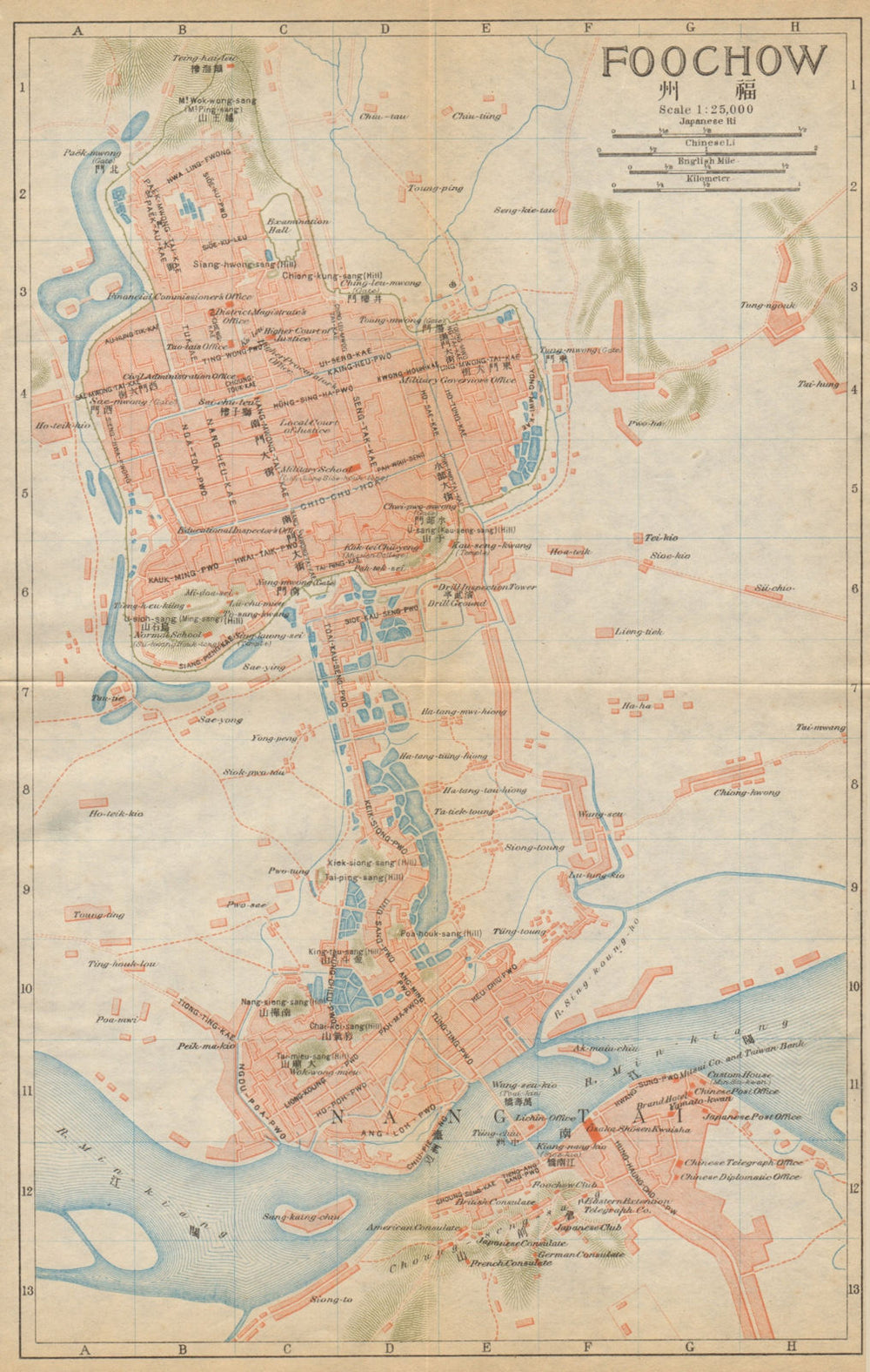 'Foochow'. Fuzhou antique town city plan. China 1915 old map chart