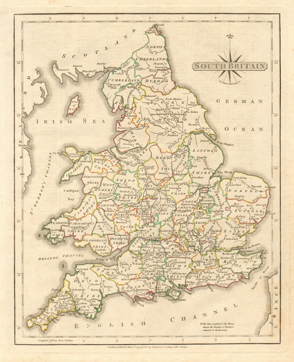 Antique map of SOUTH BRITAIN by JOHN CARY. Original outline colour 1793