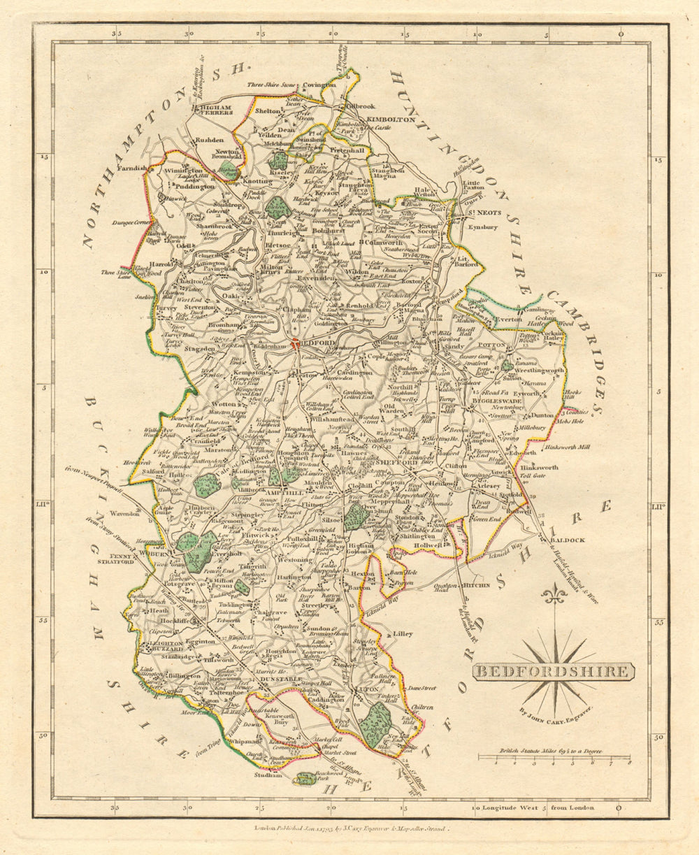 Antique county map of BEDFORDSHIRE by JOHN CARY. Original outline colour 1793