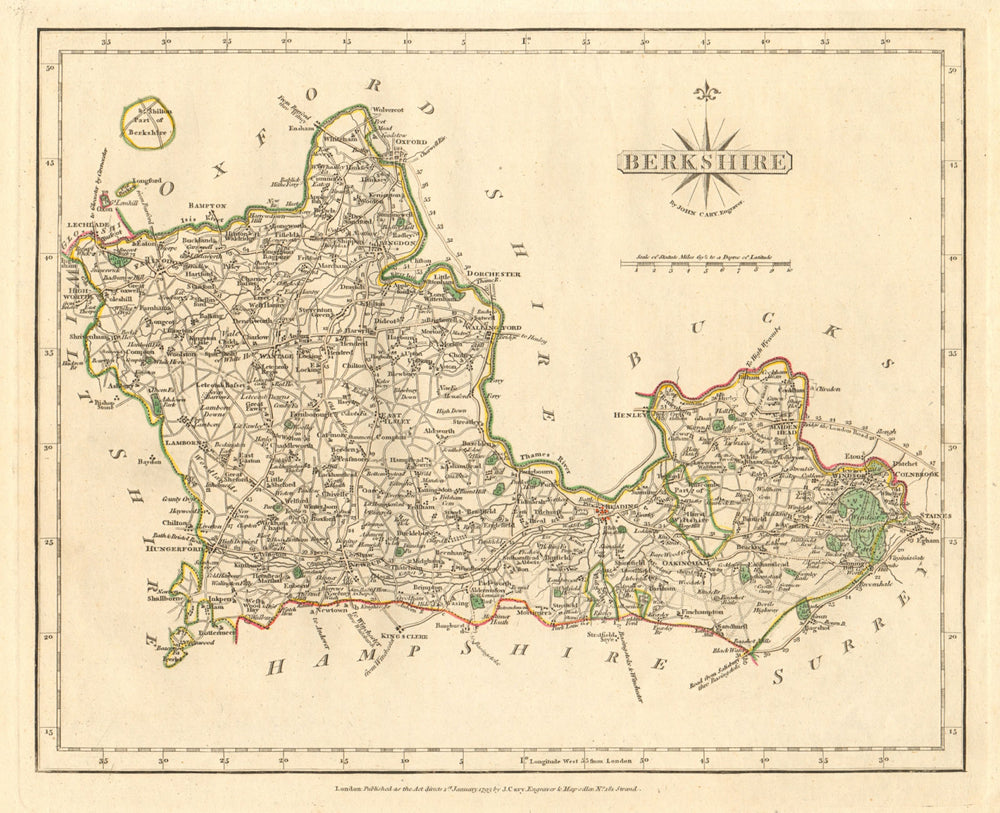 Antique county map of BERKSHIRE by JOHN CARY. Original outline colour 1793