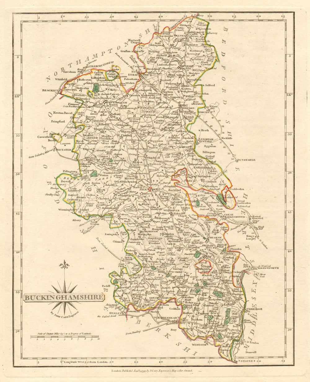 Antique county map of BUCKINGHAMSHIRE by JOHN CARY. Original outline colour 1793