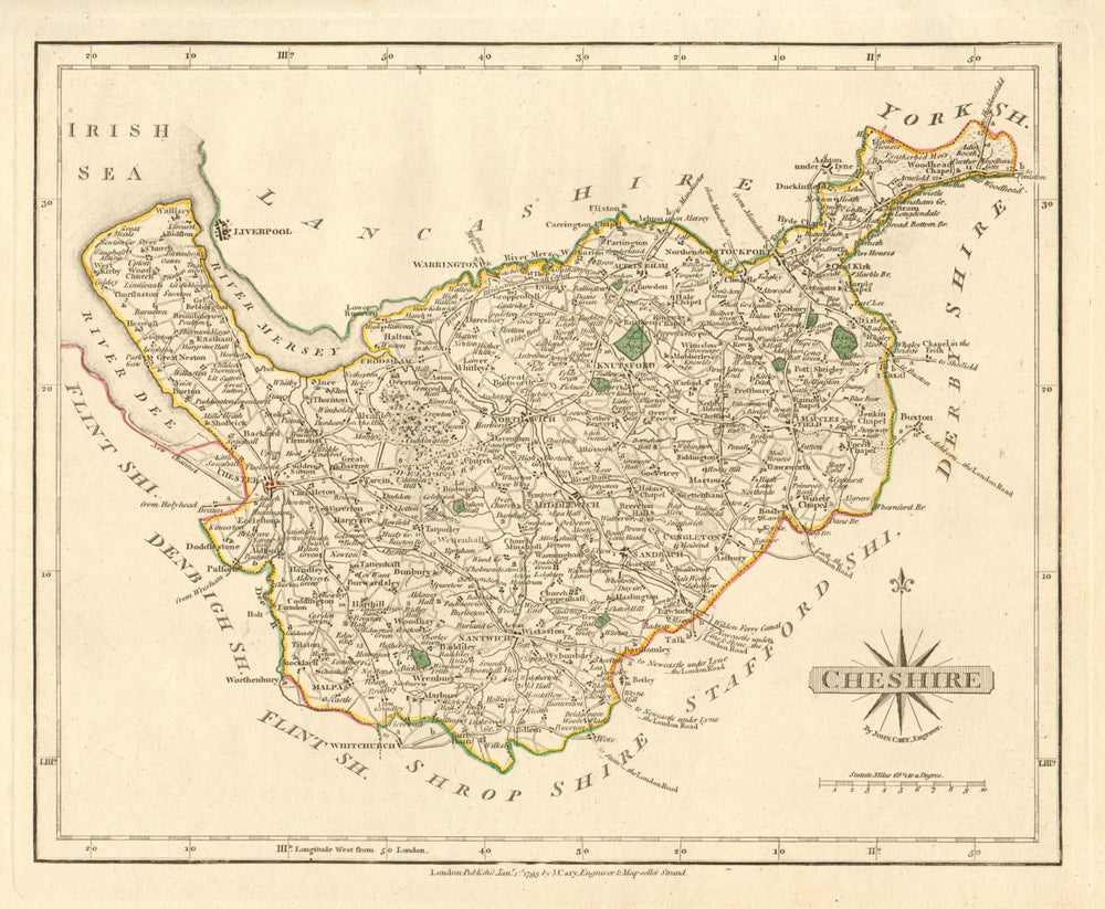 Antique county map of CHESHIRE by JOHN CARY. Original outline colour 1793