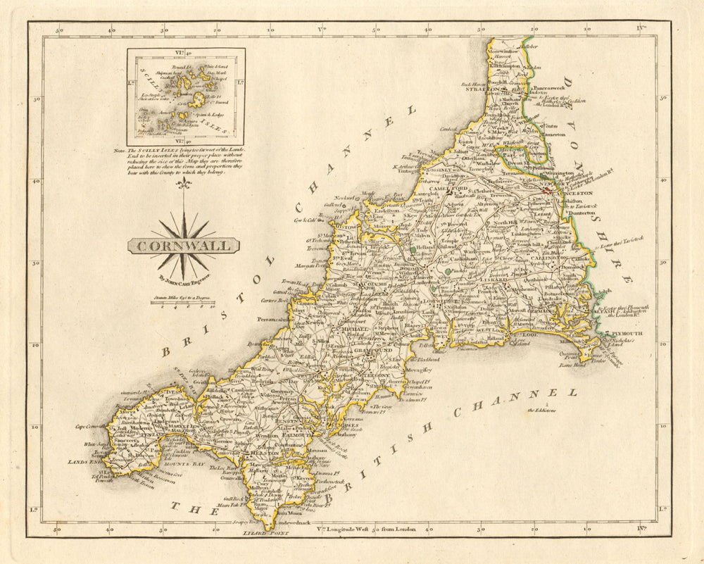 Antique county map of CORNWALL by JOHN CARY. Original outline colour 1793