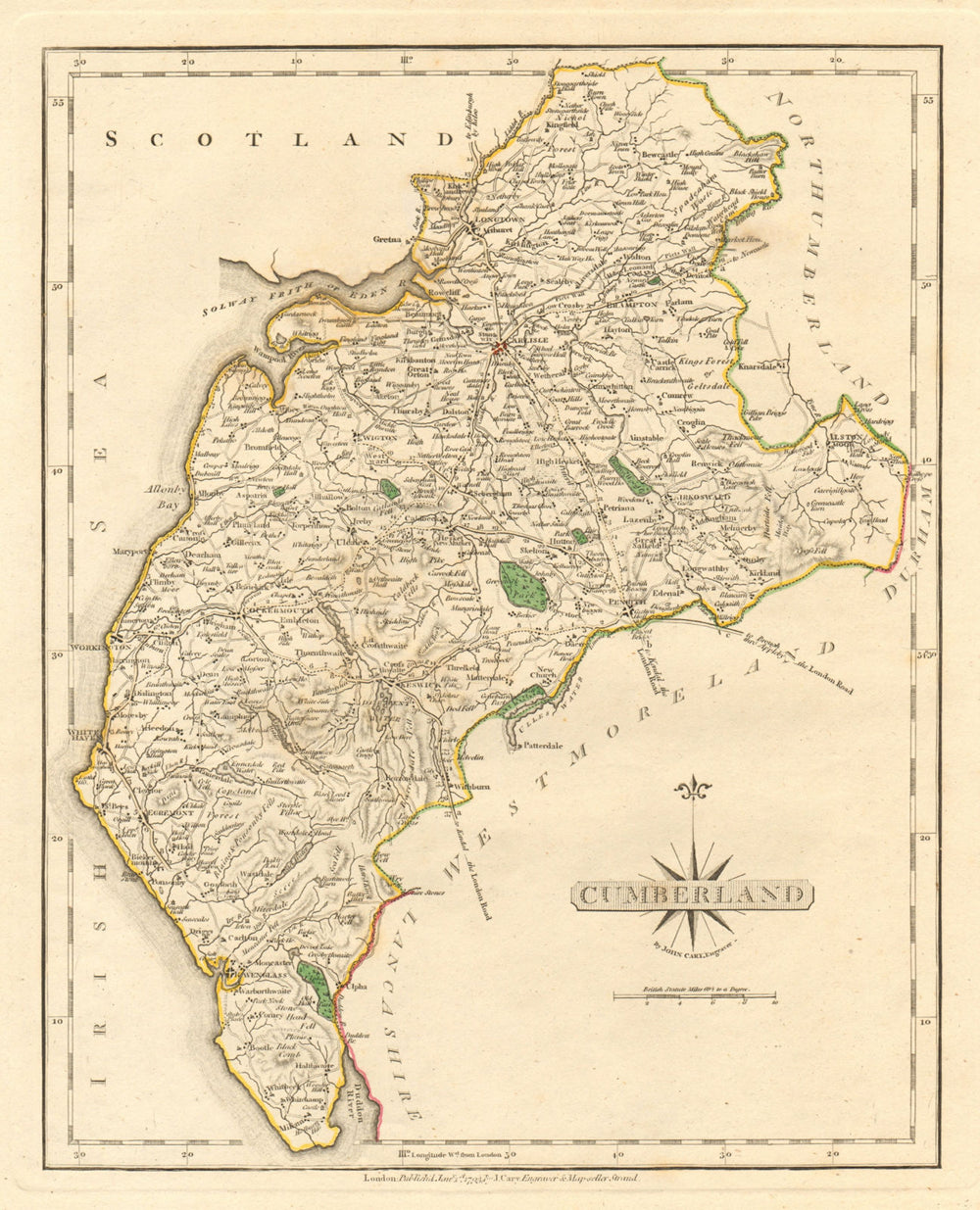 Antique county map of CUMBERLAND by JOHN CARY. Original outline colour 1793