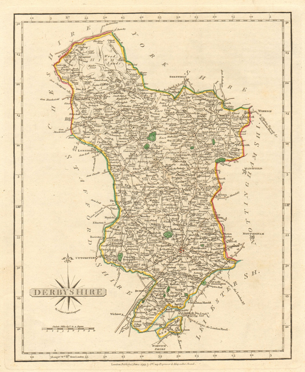 Antique county map of DERBYSHIRE  by JOHN CARY. Original outline colour 1793