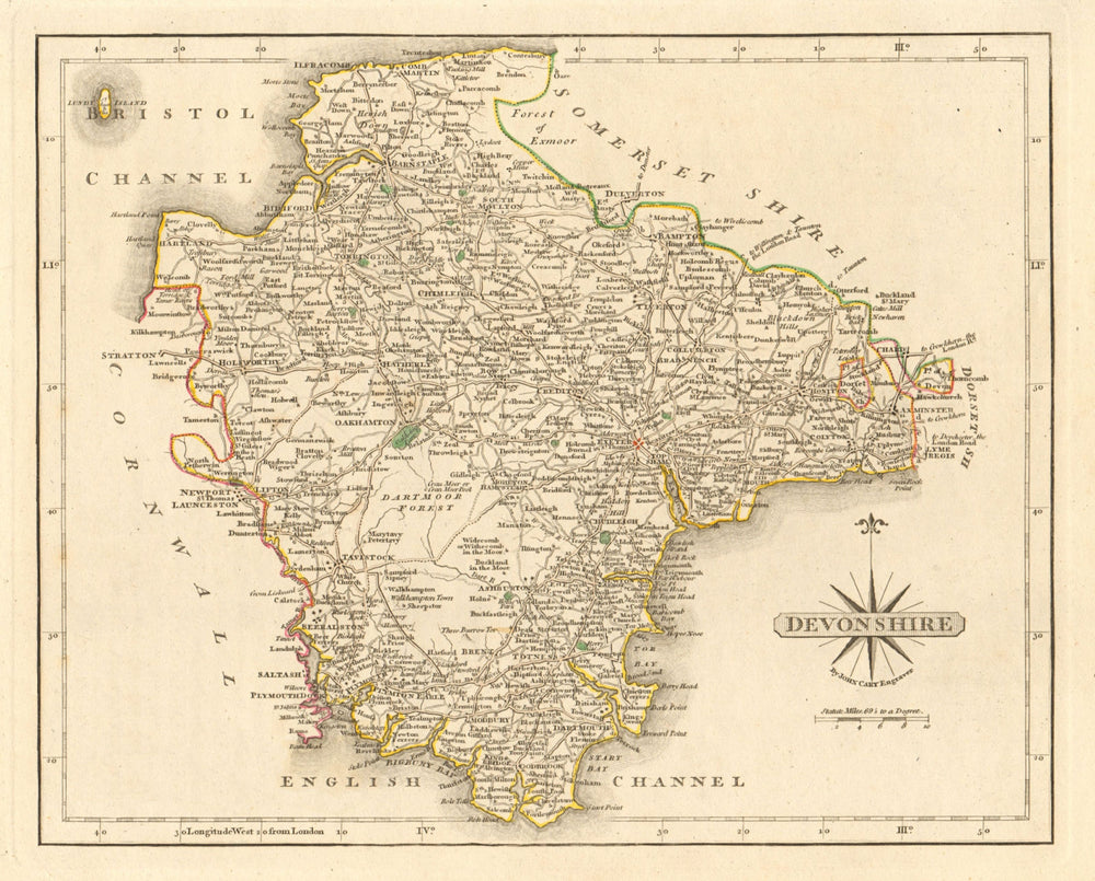 Antique county map of DEVONSHIRE by JOHN CARY. Original outline colour 1793