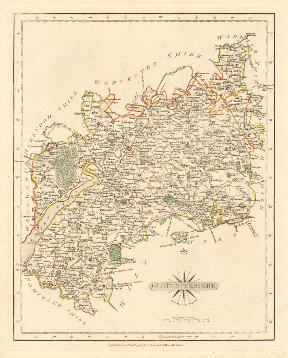Antique county map of GLOUCESTERSHIRE by JOHN CARY. Original outline colour 1793