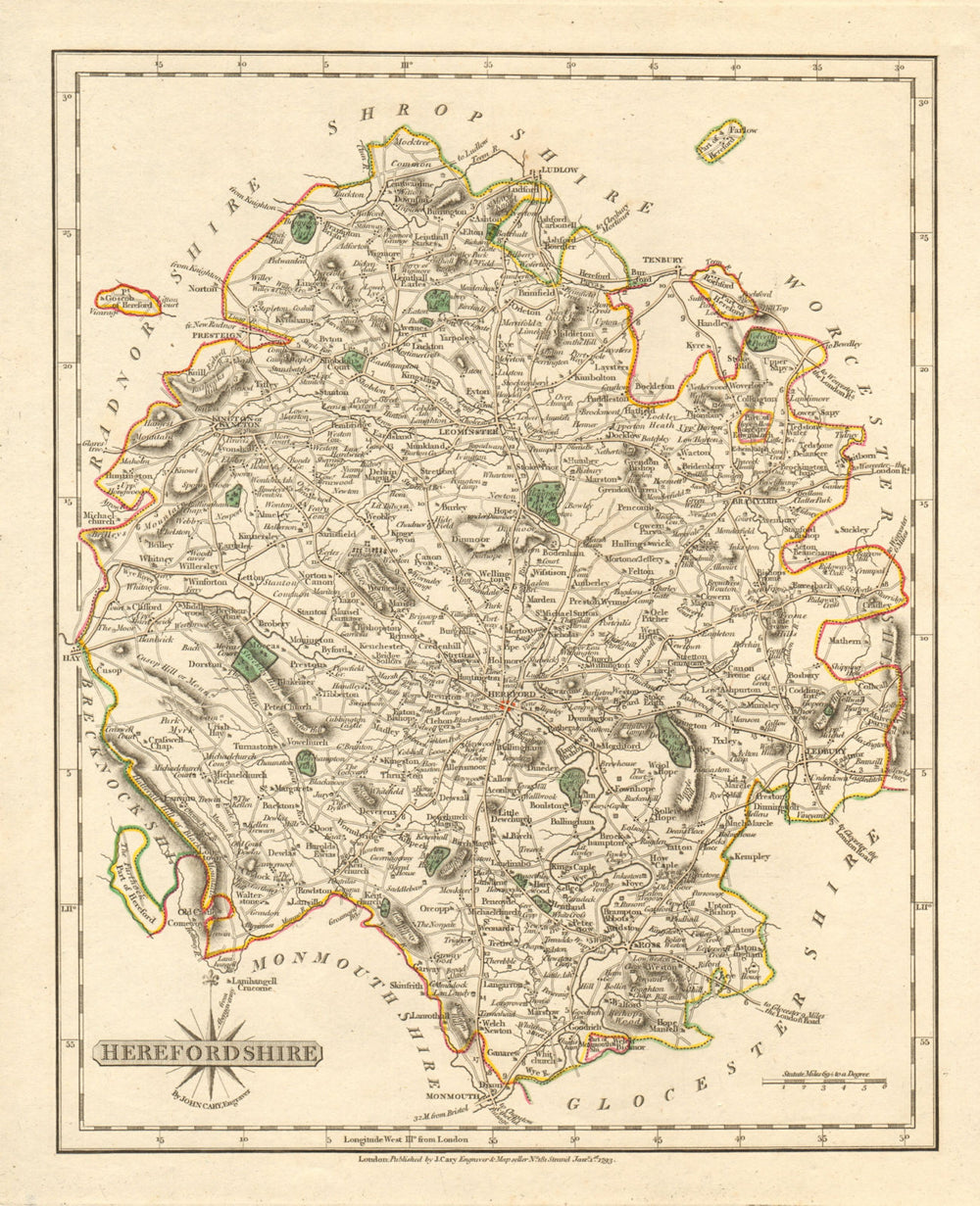 Antique county map of HEREFORDSHIRE by JOHN CARY. Original outline colour 1793