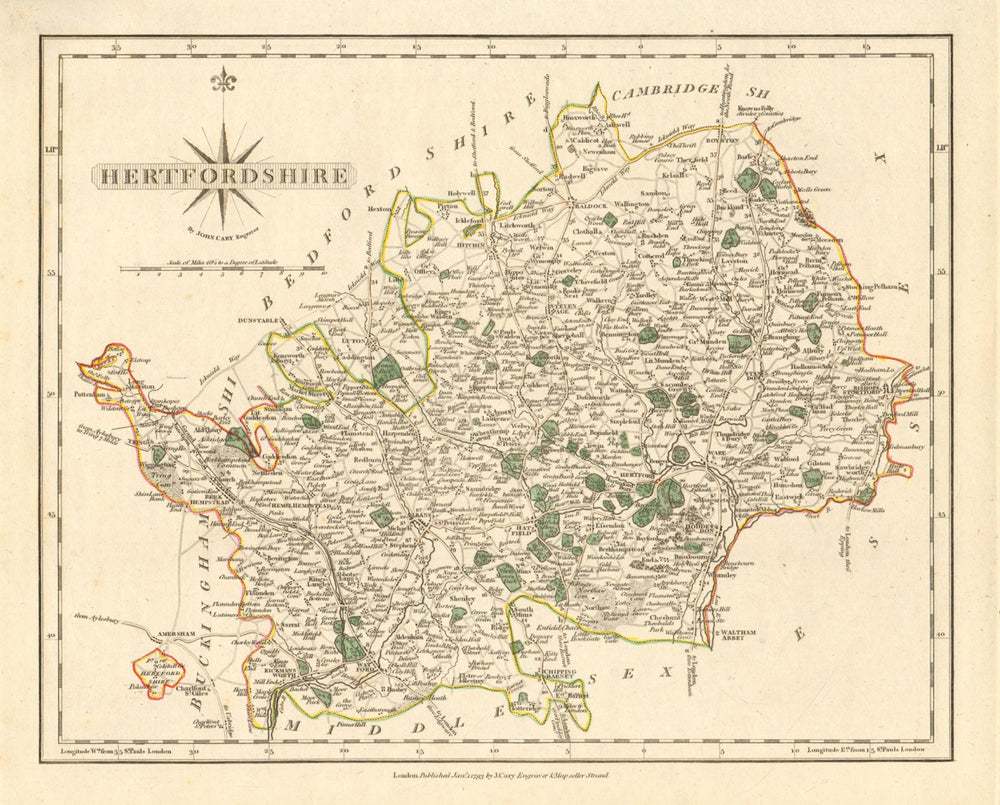 Antique County Map Of HERTFORDSHIRE By JOHN CARY Original Outline antique-county-map-of-hertfordshire-by-john-cary-original-outline