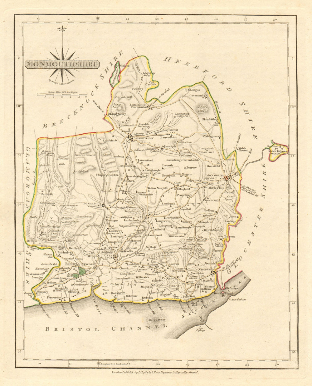 Antique county map of MONMOUTHSHIRE by JOHN CARY. Original outline colour 1793