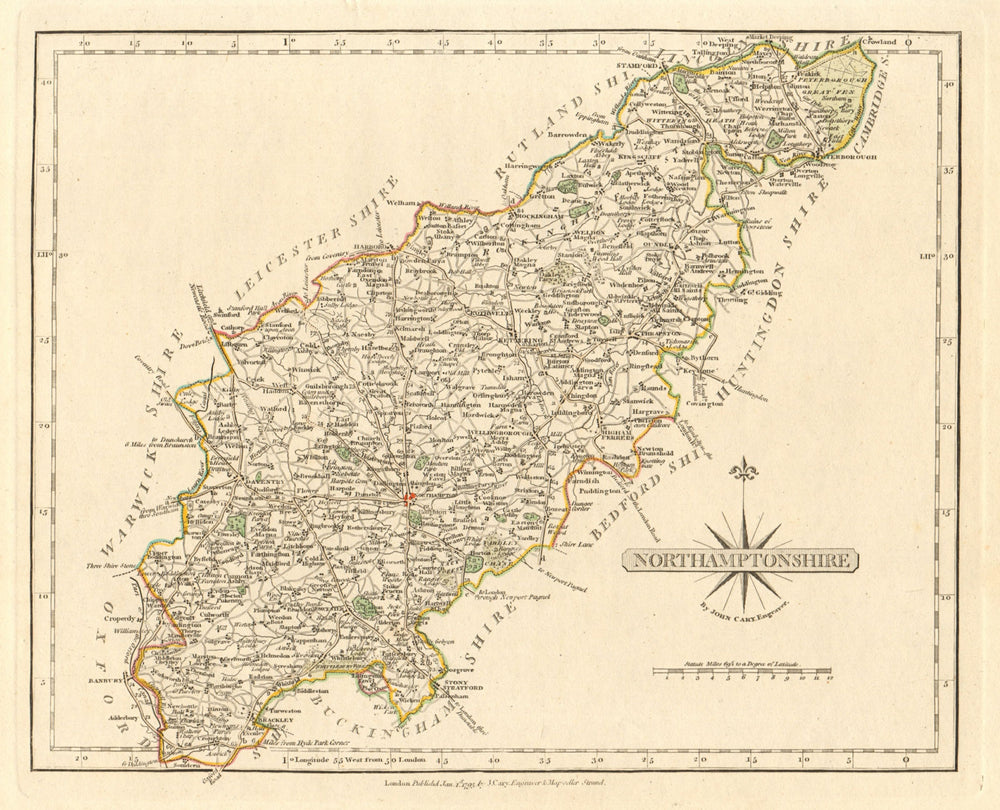 Antique county map of NORTHAMPTONSHIRE by JOHN CARY.Original outline colour 1793