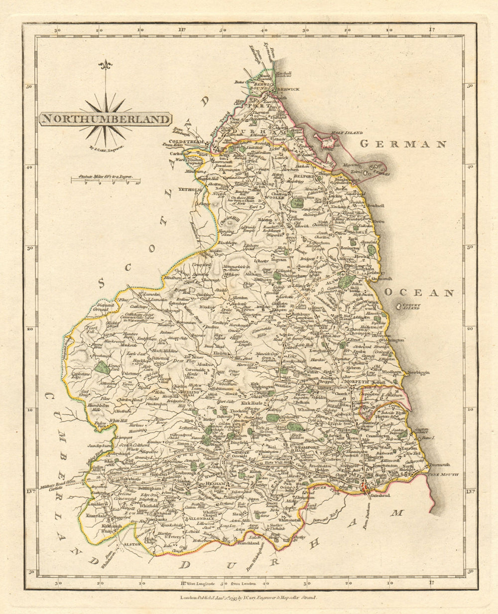 Antique county map of NORTHUMBERLAND by JOHN CARY. Original outline colour 1793