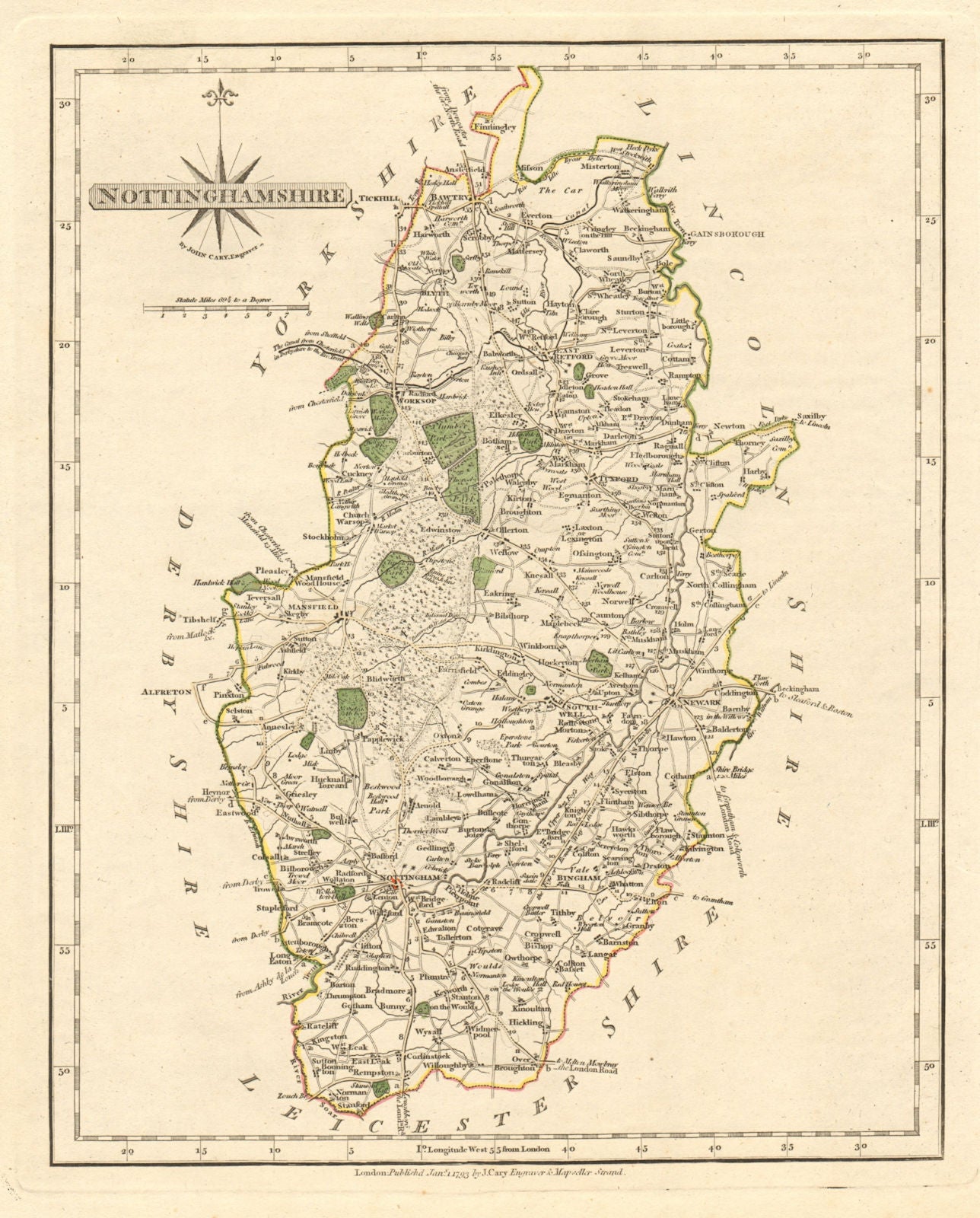 Antique county map of NOTTINGHAMSHIRE by JOHN CARY. Original outline ...